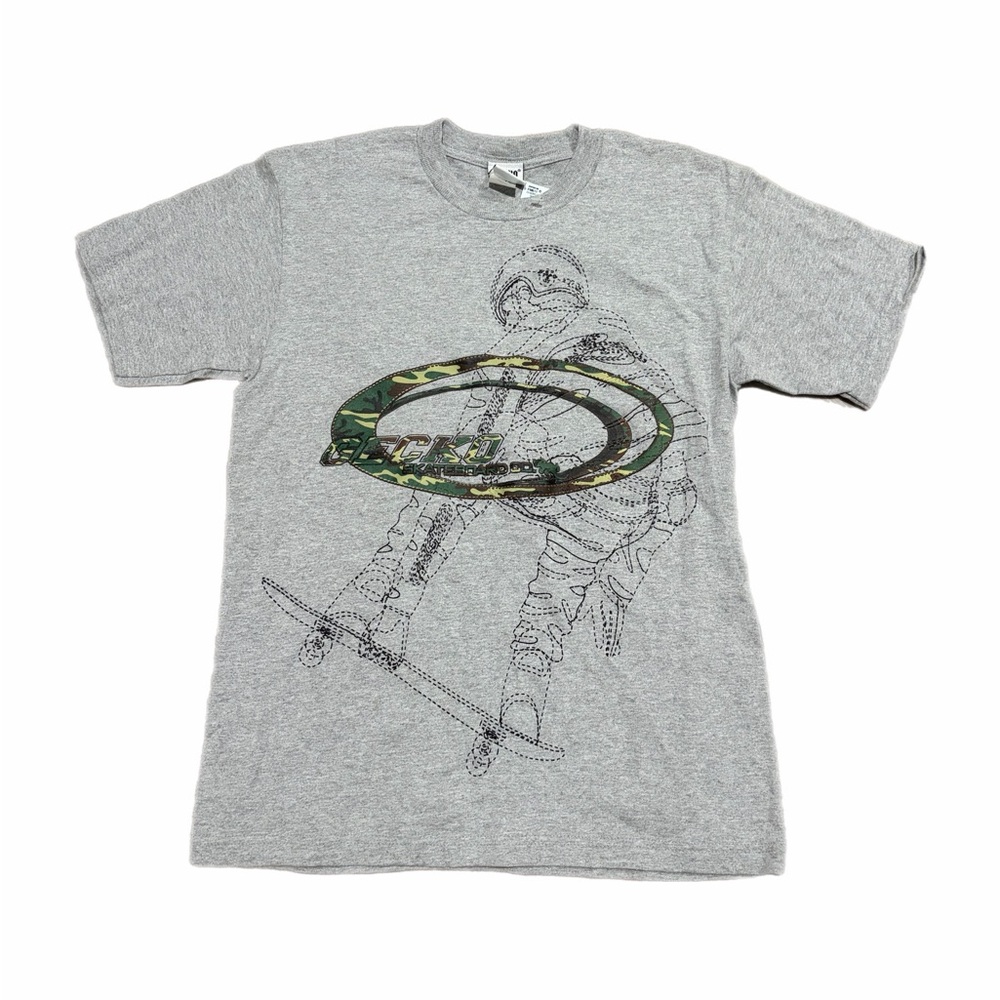 Vtg Gecko Hawaii Shirt Boys Large Gray Skateboard Graphic Camo Logo Tee Youth